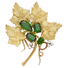 18k Yellow Gold & Green Tourmaline Leaf Brooch w/ 0.24ct Diamond Accents