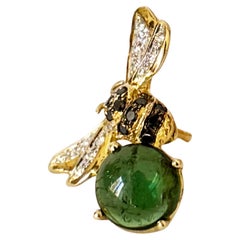 18k Yellow Gold Green Tourmaline White & Black Diamonds Unisex Brooch Pin