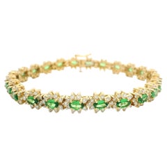 18k Yellow Gold Green Tsavorite and Diamond 9.25ctw Cluster Link Tennis Bracelet