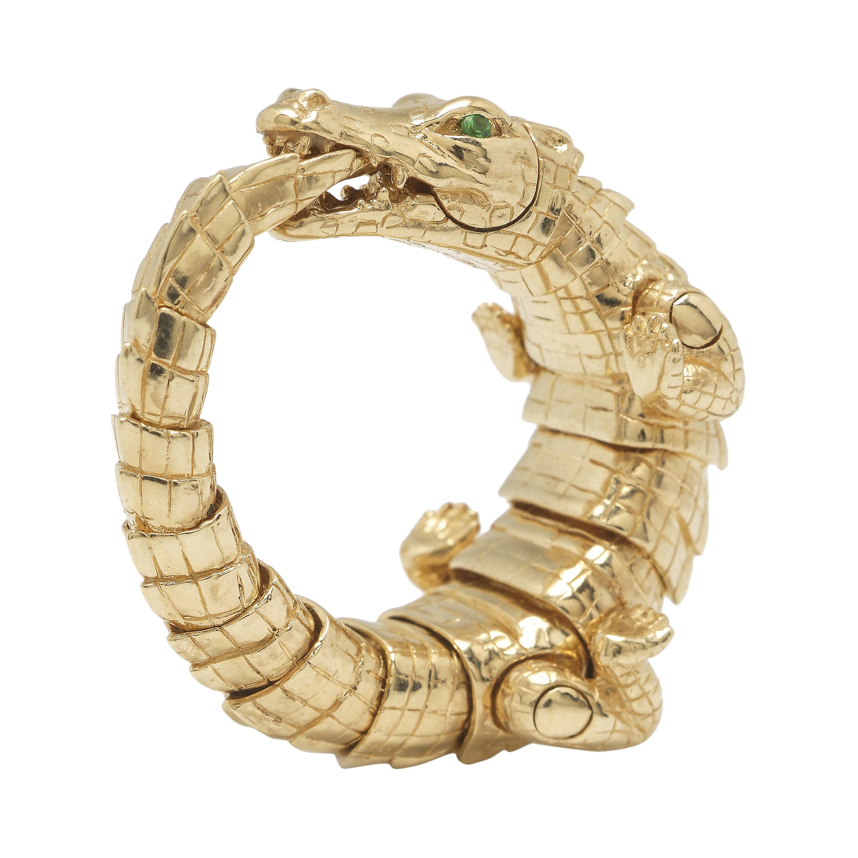18k Yellow Gold Green Tsavorites Alligator Wrap Statement Ring For Sale
