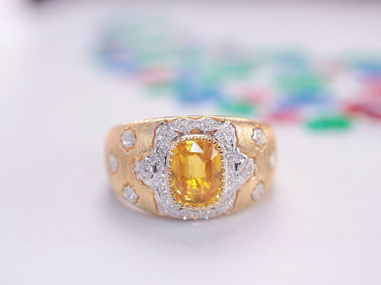 18K Yellow Gold Guild Certified 2.03 Carat Yellow Sapphire Diamond Cocktail Ring

Main stone - 2.03 CT with Guild Report


Gorgeous Sapphire: Features a high-quality royal yellow sapphire with a vivid and rich color.

Sparkling Embellishment: The