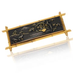 18K Yellow Gold & Gunmetal Japanese Landscape Brooch