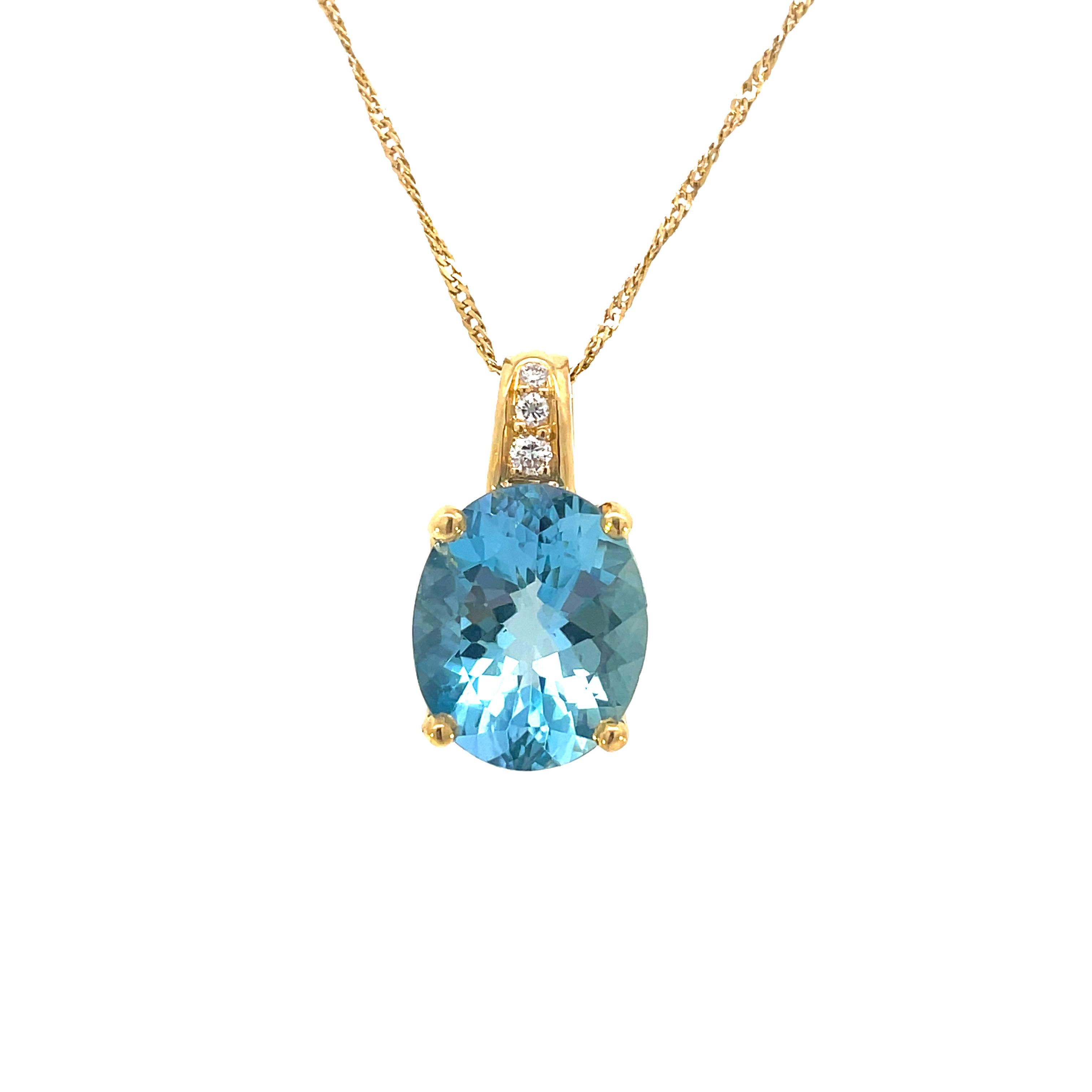 This is an elegant H. Stern necklace crafted in 18K yellow gold and showcases a breathtaking oval Aquamarine pendant with three sparkling diamonds! A bright and beautiful blue oval-shaped aquamarine, weighing 4.50 carats, beams brilliantly from