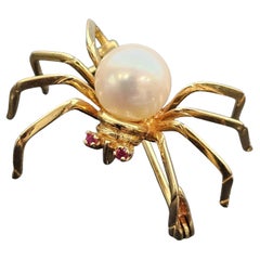 18K Yellow Gold H. Stern Spider 3D Pin Brooch Pearl Ruby Eyes 3.2g 1" Wide