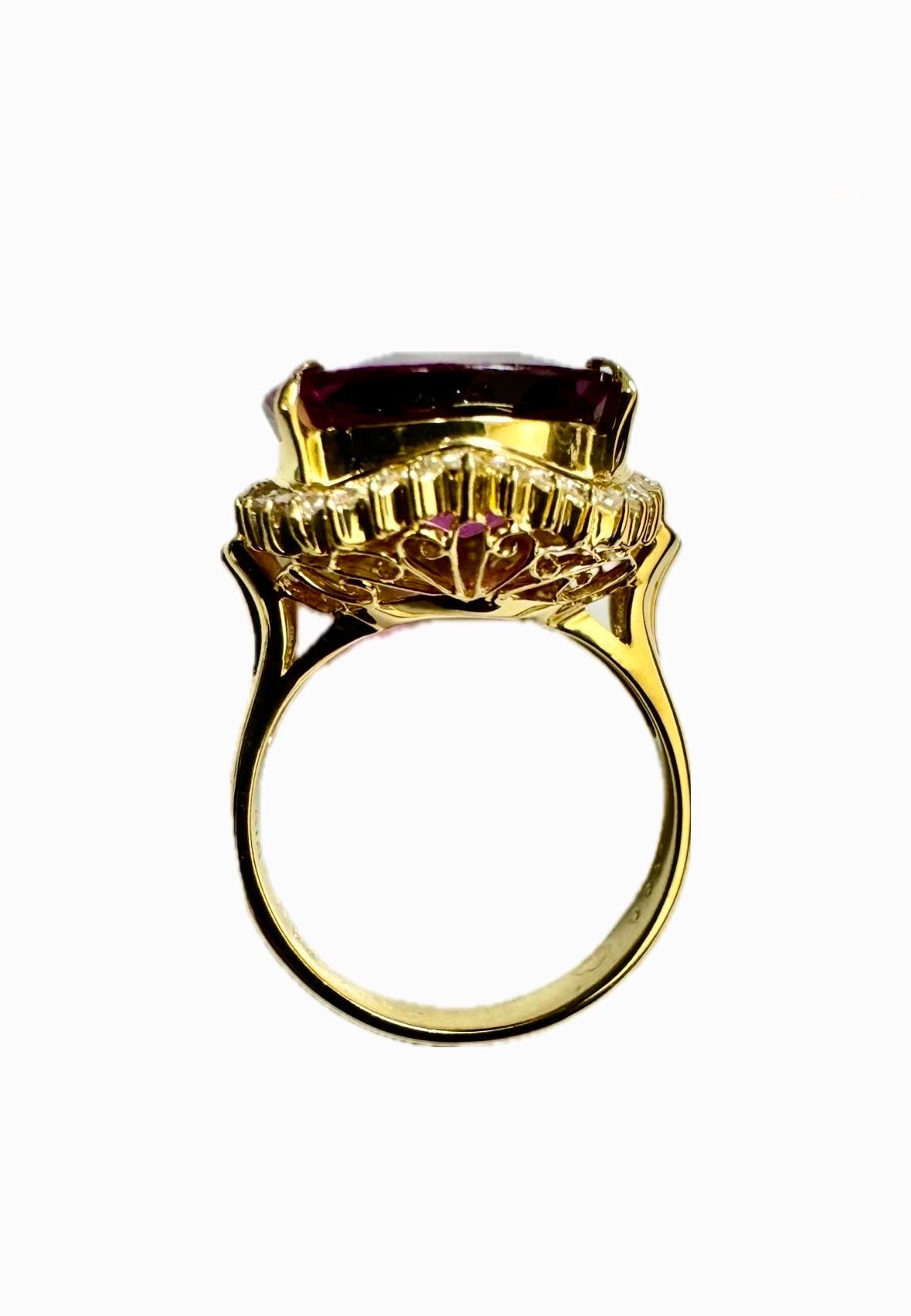 Women's 18K Yellow Gold Halo Diamond 11.66 Carat Rhodolite Garnet Ring For Sale