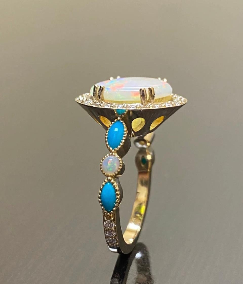 Art Deco 18K Yellow Gold Halo Diamond Marquise Turquoise Australian Opal Engagement Ring For Sale