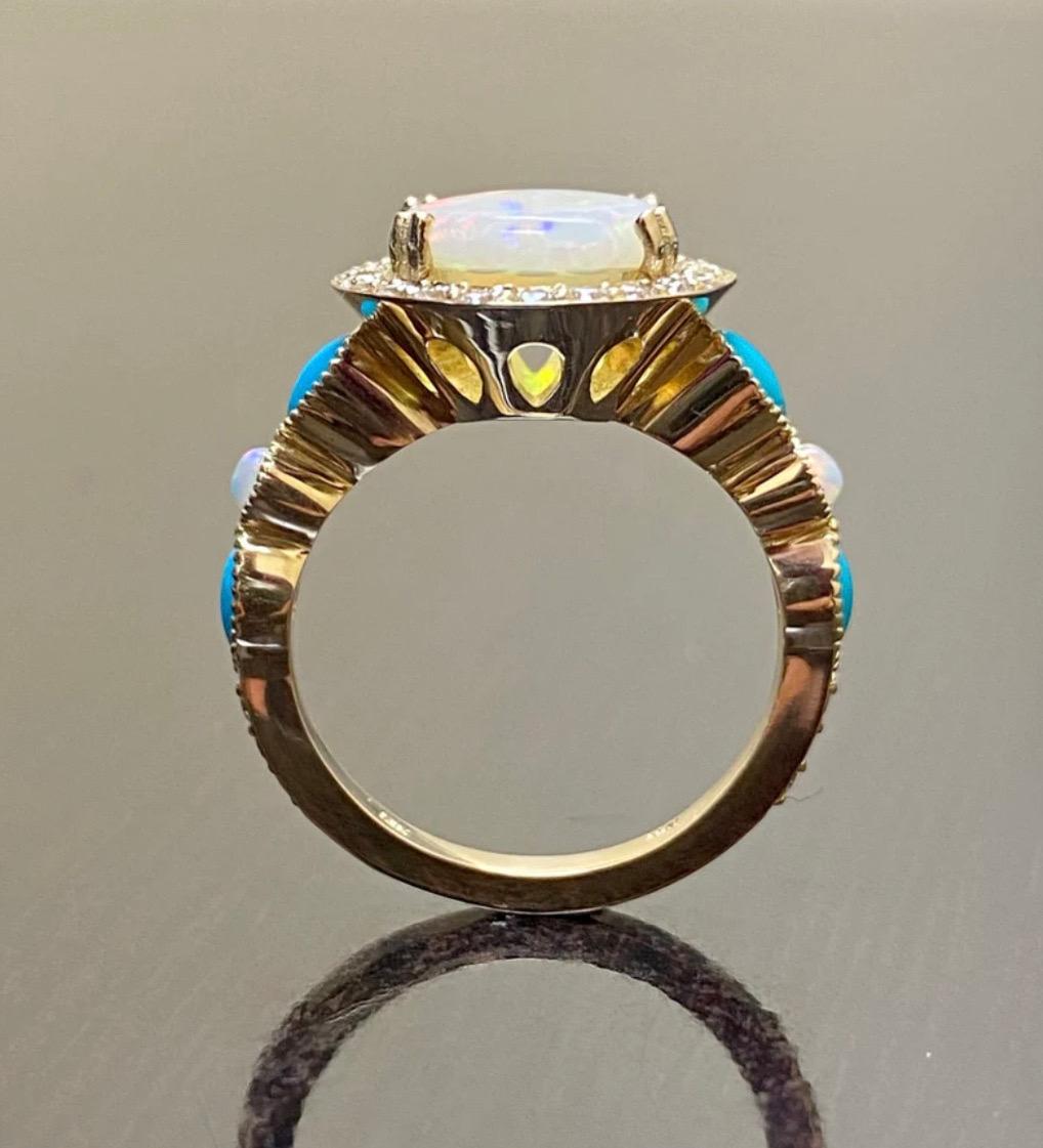 Oval Cut 18K Yellow Gold Halo Diamond Marquise Turquoise Australian Opal Engagement Ring For Sale