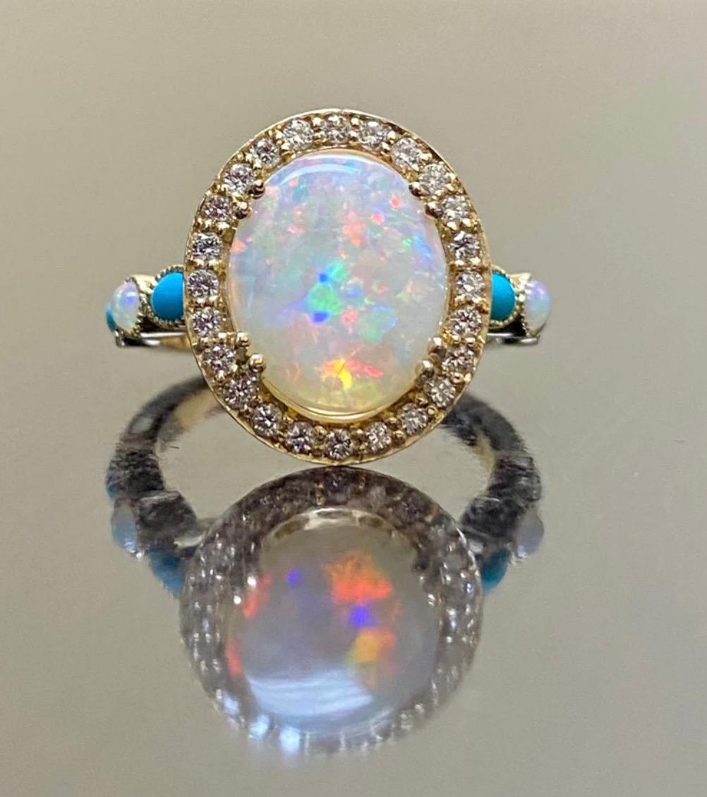 18K Yellow Gold Halo Diamond Marquise Turquoise Australian Opal Engagement Ring In New Condition For Sale In Los Angeles, CA