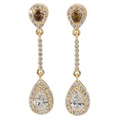 18k Yellow Gold Halo Drop Earrings with 2.11 Carat Natural Diamonds IGI Cert