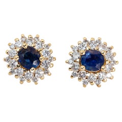 18k Yellow Gold Halo Earrings w/ 1.02ct Natural Diamonds and Sapphires AIG Cert