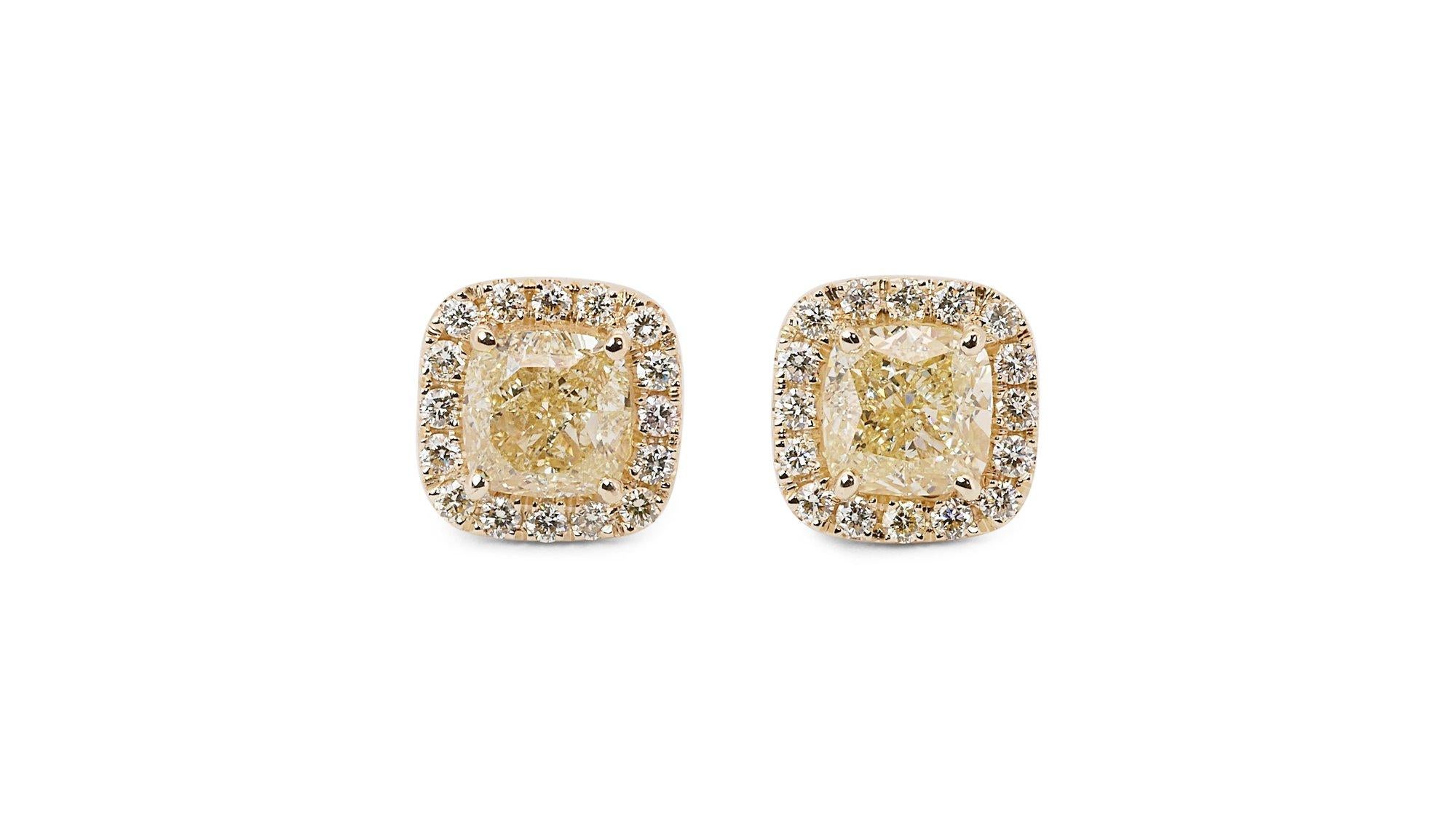 Square Cut 18k Yellow Gold Halo Fancy Stud Earrings 3.50 ct Natural Diamonds IGI Cert