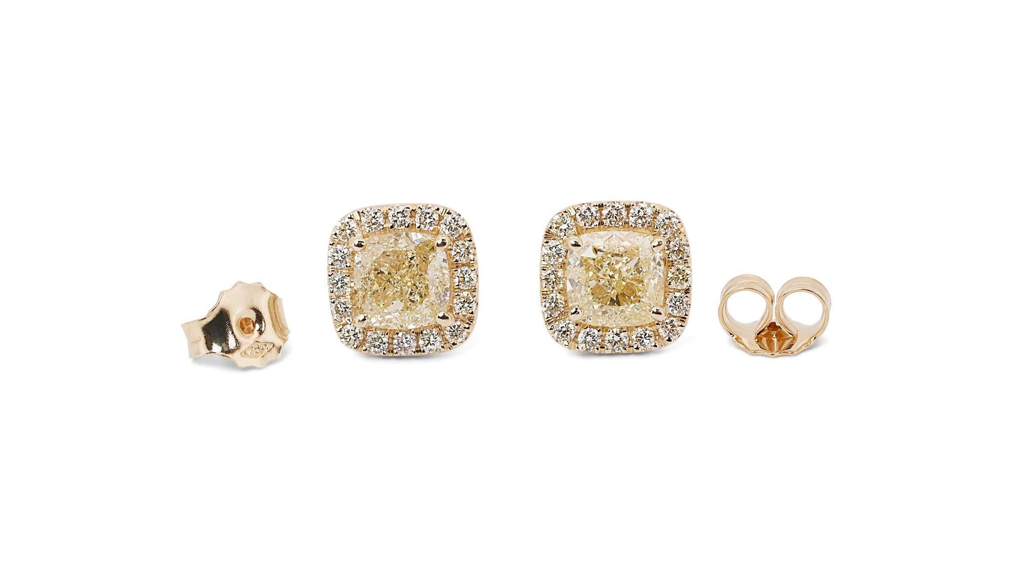 Women's 18k Yellow Gold Halo Fancy Stud Earrings 3.50 ct Natural Diamonds IGI Cert