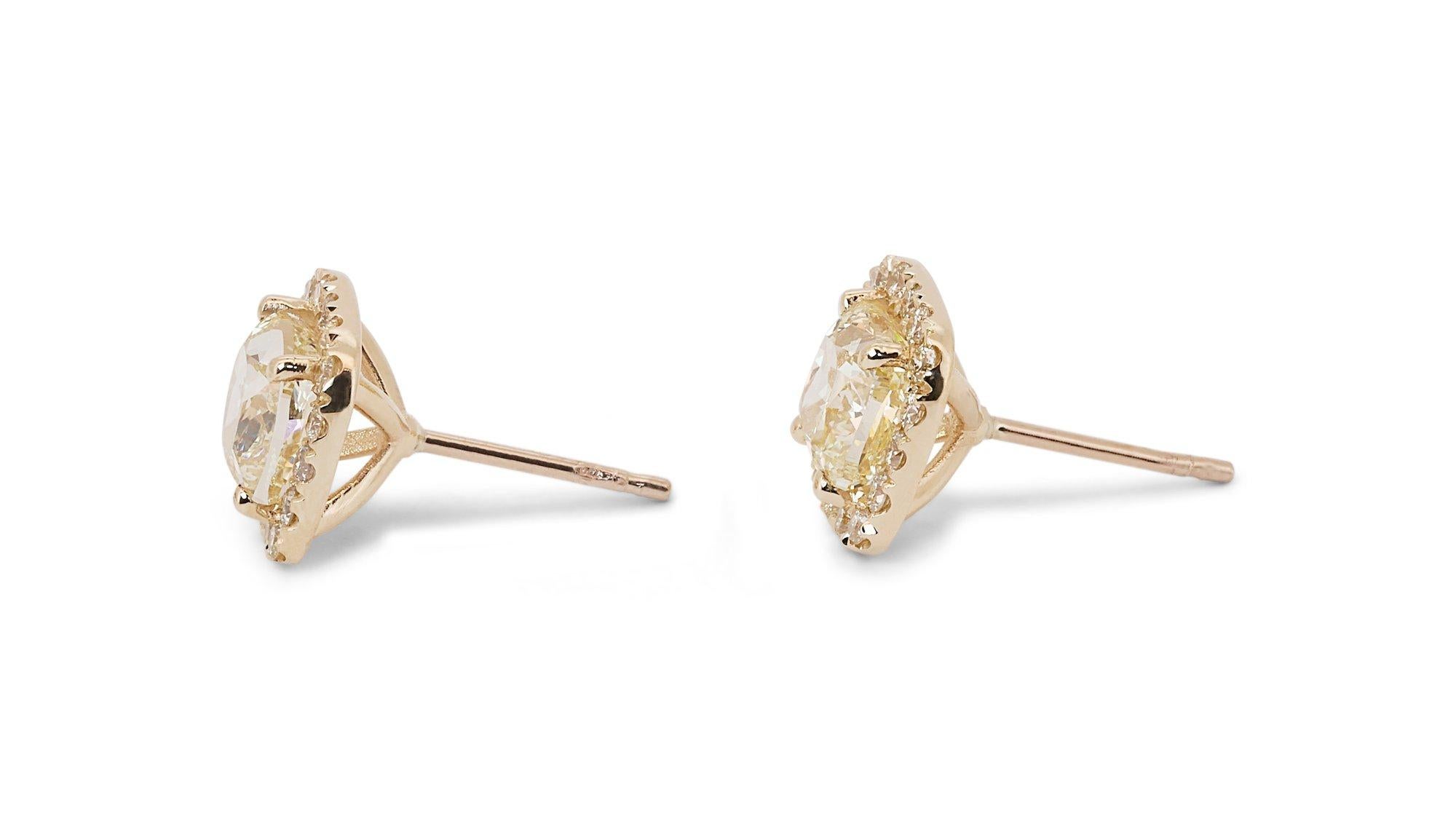 18k Yellow Gold Halo Fancy Stud Earrings 3.50 ct Natural Diamonds IGI Cert 2
