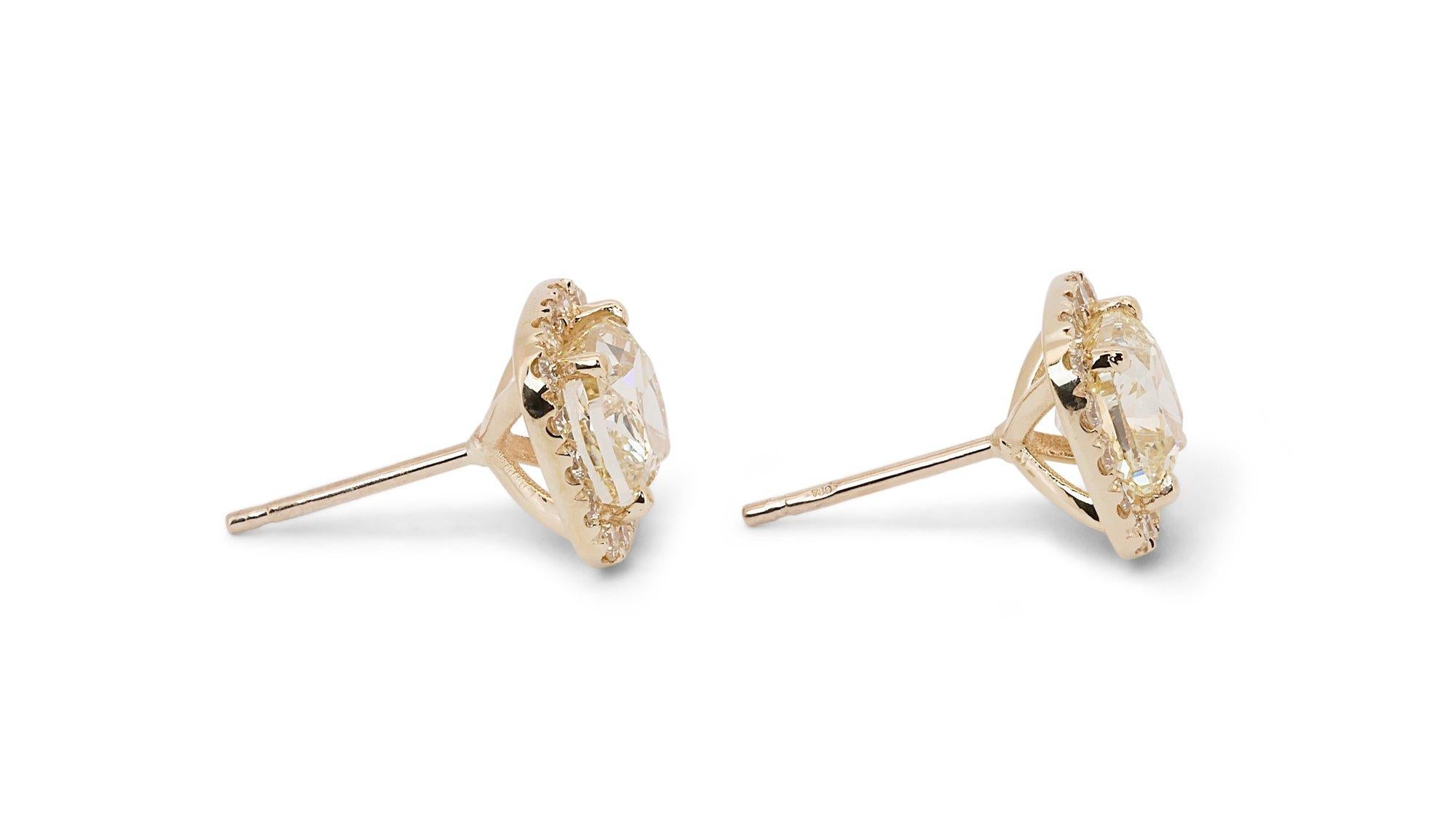 18k Yellow Gold Halo Fancy Stud Earrings 3.50 ct Natural Diamonds IGI Cert 3