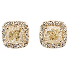 18k Yellow Gold Halo Fancy Stud Earrings 3.50 ct Natural Diamonds IGI Cert