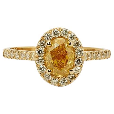 18k Yellow Gold Halo Oval Ring with 1.34 Ct Natural Diamonds GIA Certificate