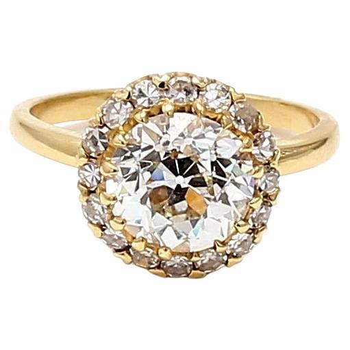 18K Yellow Gold Halo Ring with 2.16 Carat Old European Cut GIA Diamonds Size 5.5