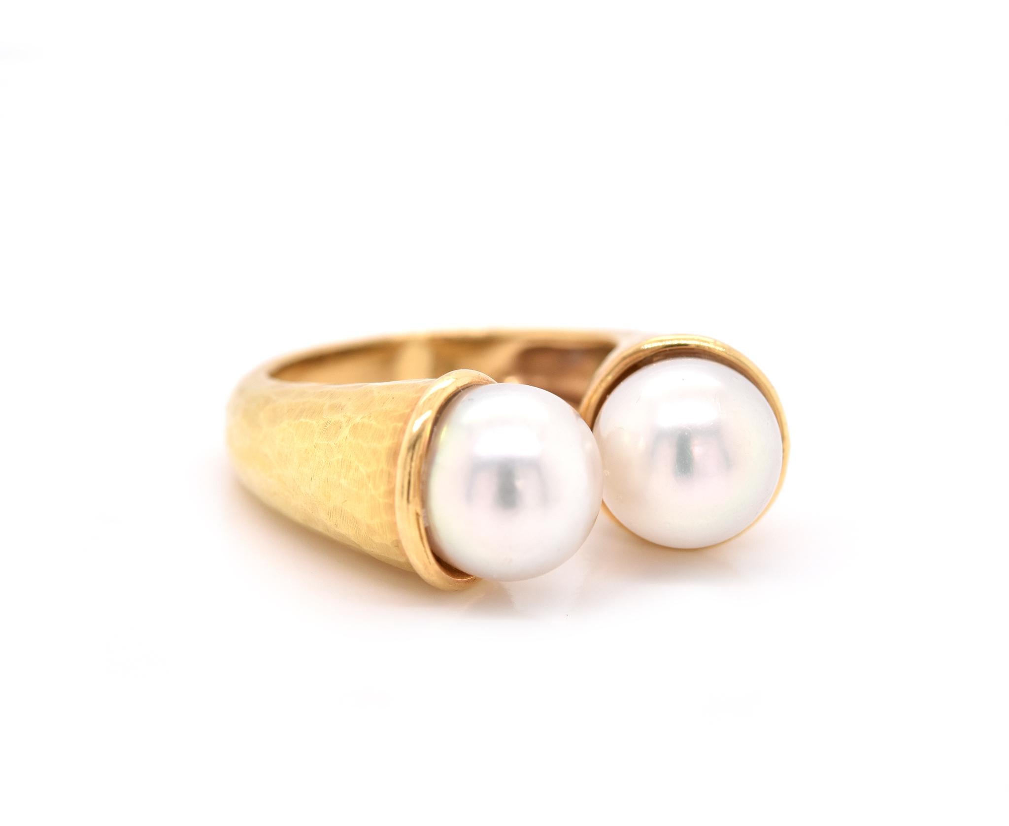 Material: 18k yellow gold
Pearl: 2 cultured pearls = 8.15mm
Ring Size: 5 (please allow two additional shipping days for sizing requests)
Dimensions: ring measures 22.00mm x 27.15mm
Weight: 9.19 grams