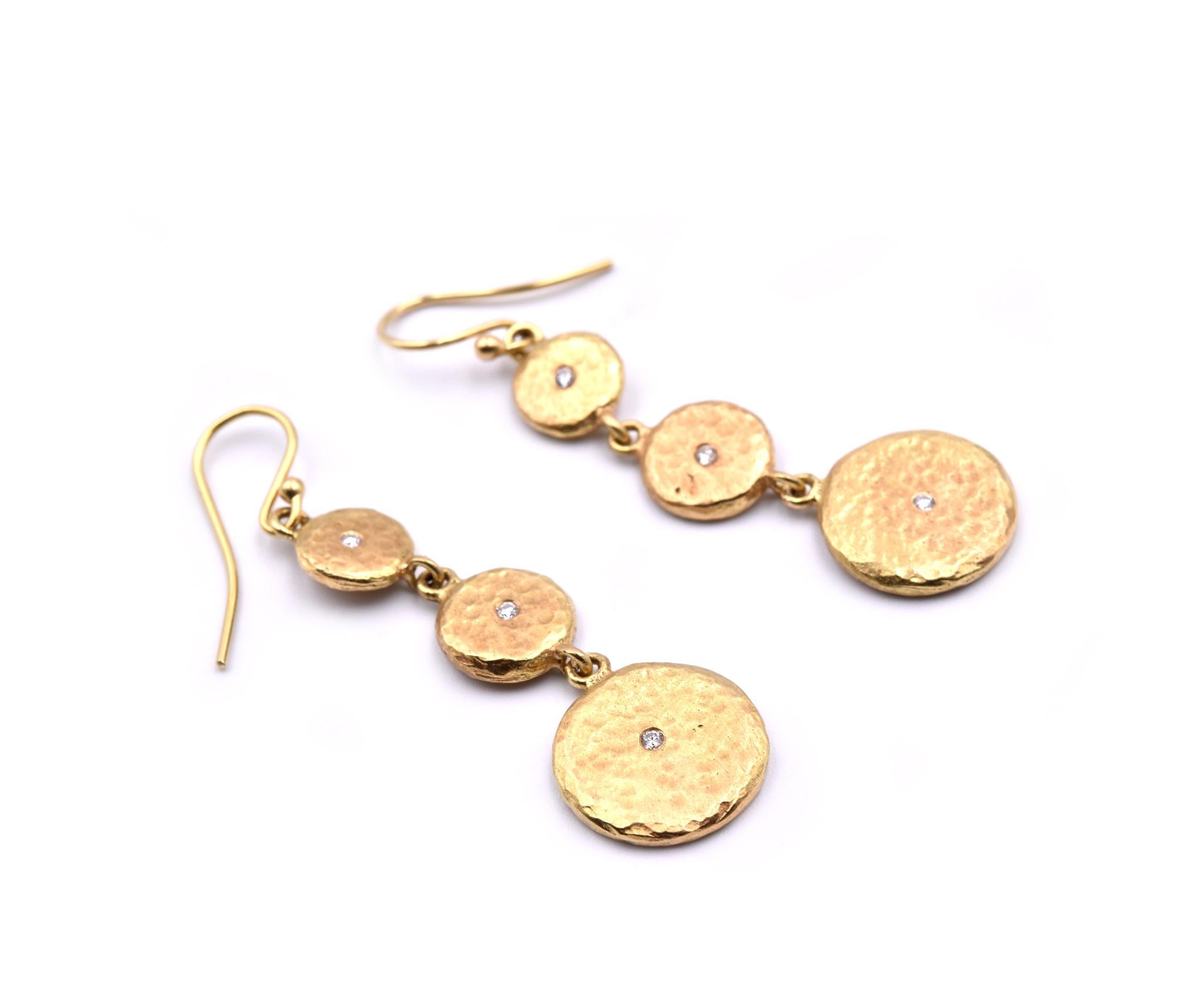 Designer: custom design
Material: 18k yellow gold
Diamonds: 6 round brilliant cut = .10cttw
Color: G
Clarity: VS
Dimensions: earrings are approximately 42.20mm long and 14.25mm wide
Fastenings: shepherds hook 
Weight: 15.36 grams