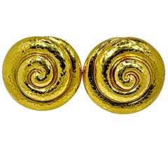 18K Yellow Gold Hammered Elizabeth Gage Nautilus Earrings 1 1/8 Inch Diameter