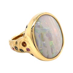 18k Yellow Gold Hammered Opal Ring with Multi-Colored Sapphires