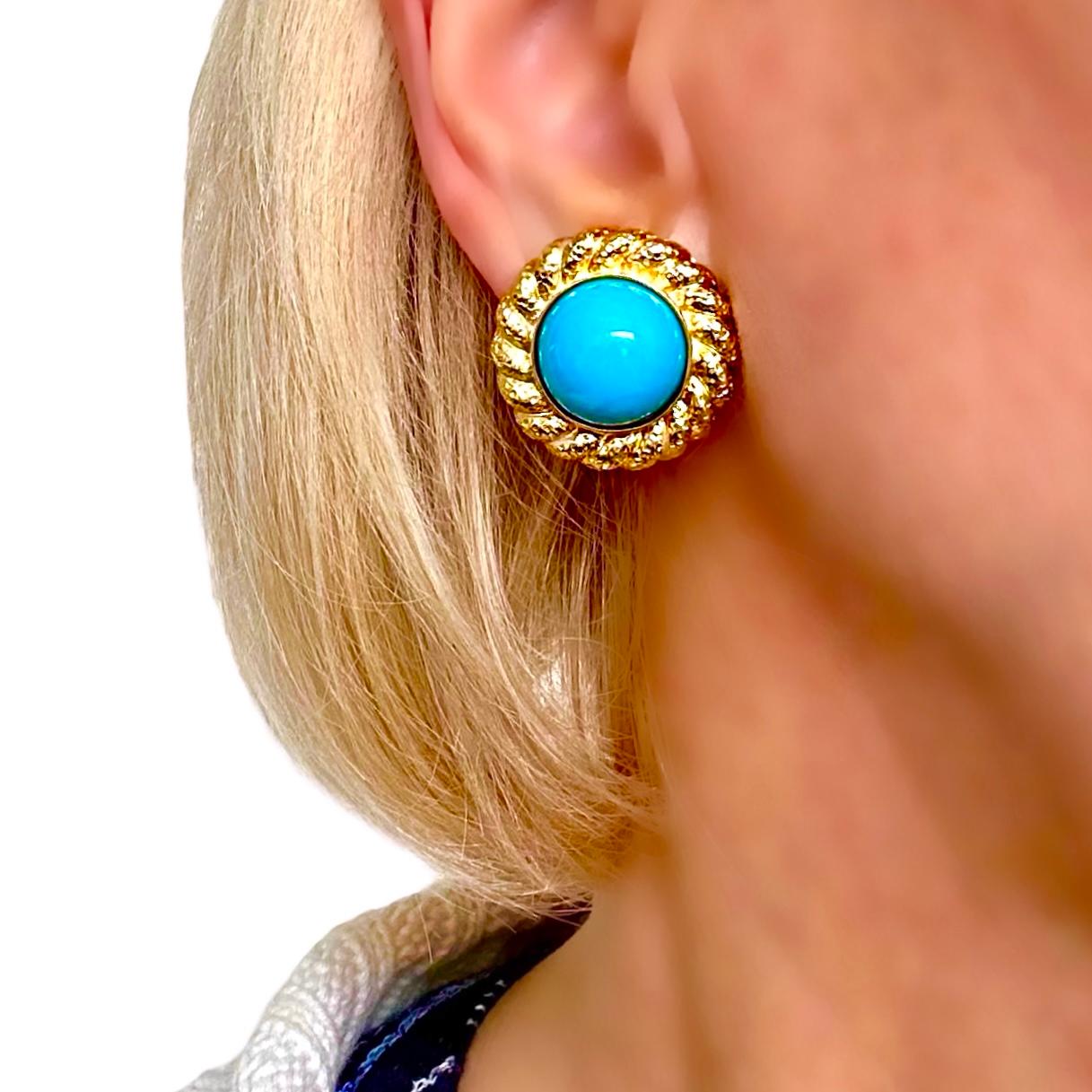 18K Yellow Gold Hammered Rope Edge Earrings with Cabochon Turquoise* Centers 5