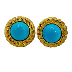 18K Yellow Gold Hammered Rope Edge Earrings with Cabochon Turquoise* Centers