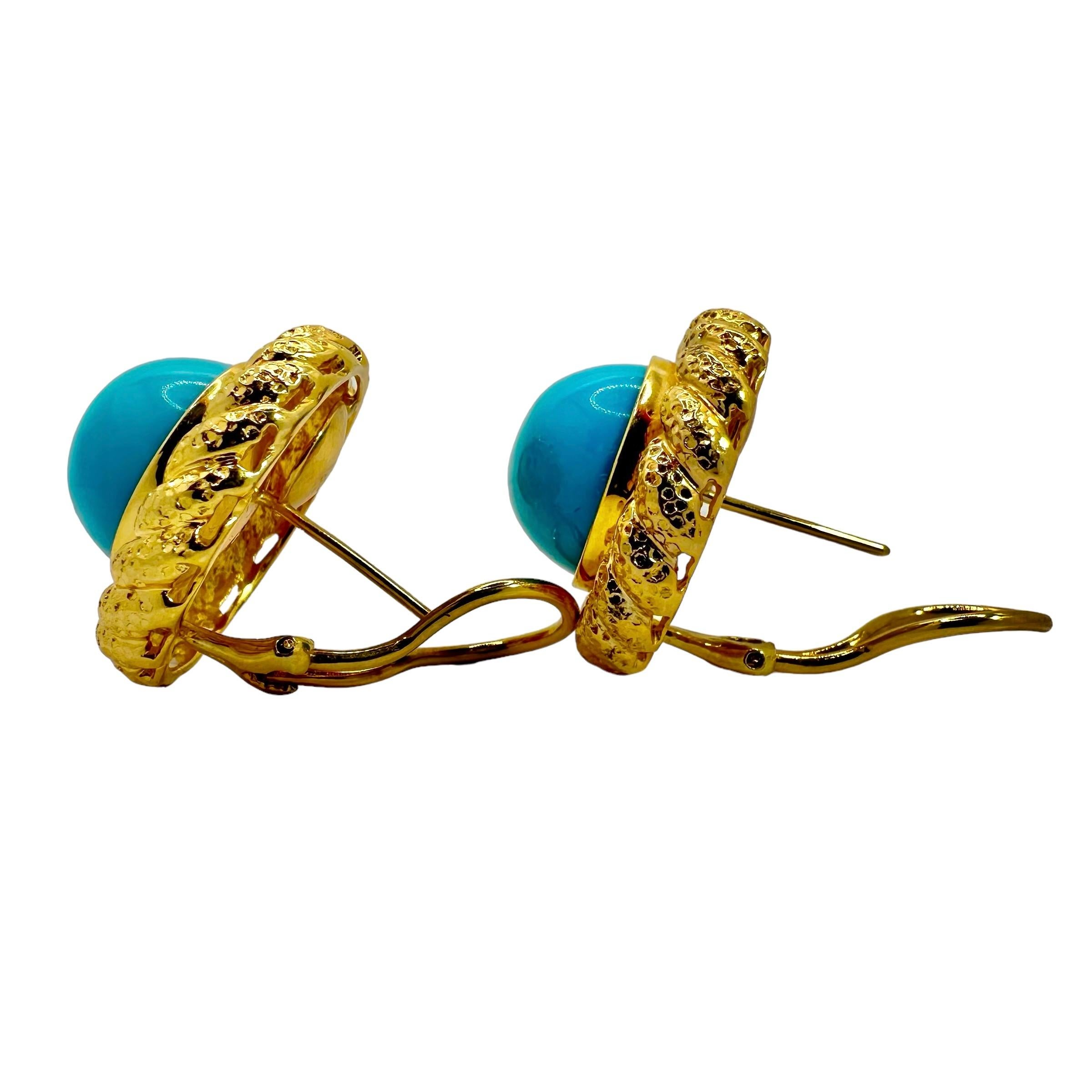 Modern 18K Yellow Gold Hammered Rope Edge Earrings with Cabochon Turquoise* Centers