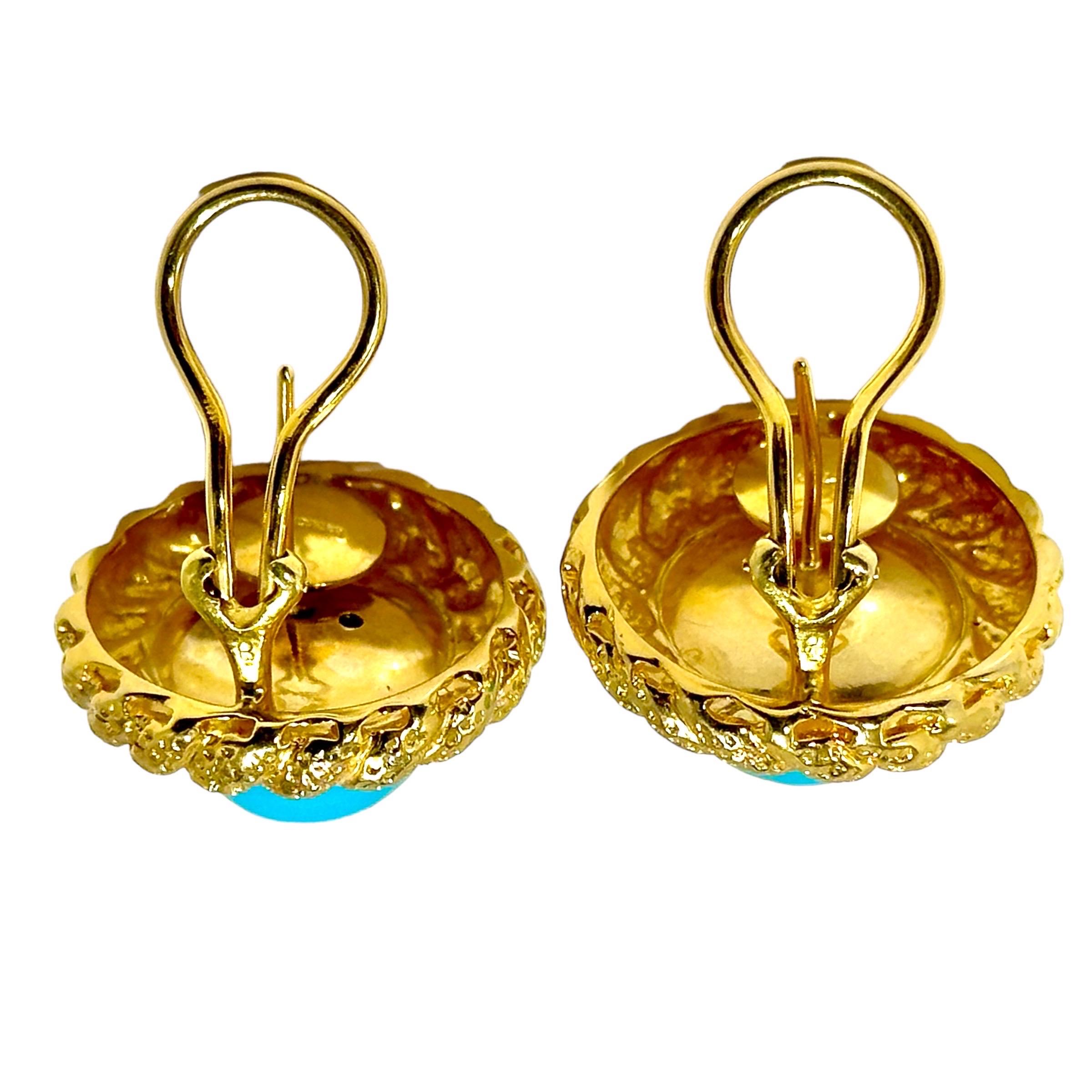 Women's 18K Yellow Gold Hammered Rope Edge Earrings with Cabochon Turquoise* Centers