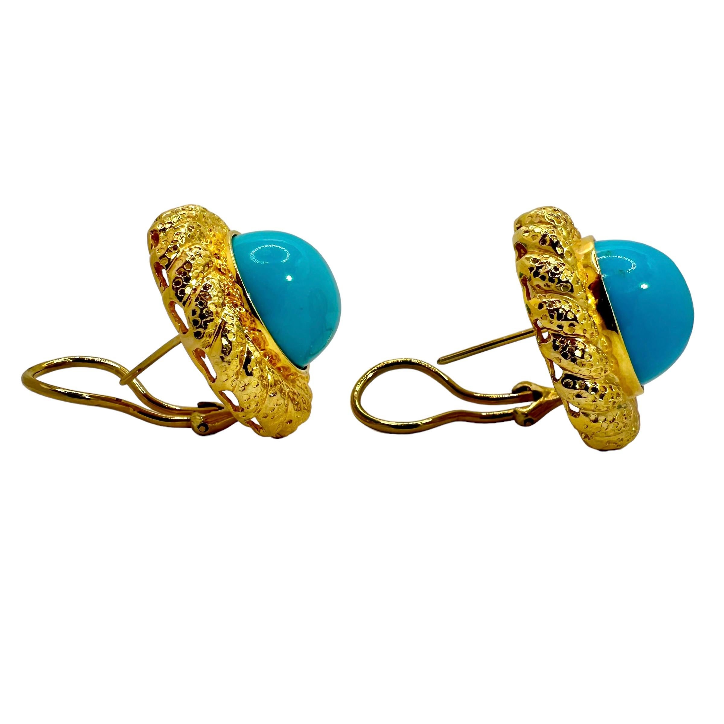 18K Yellow Gold Hammered Rope Edge Earrings with Cabochon Turquoise* Centers 1