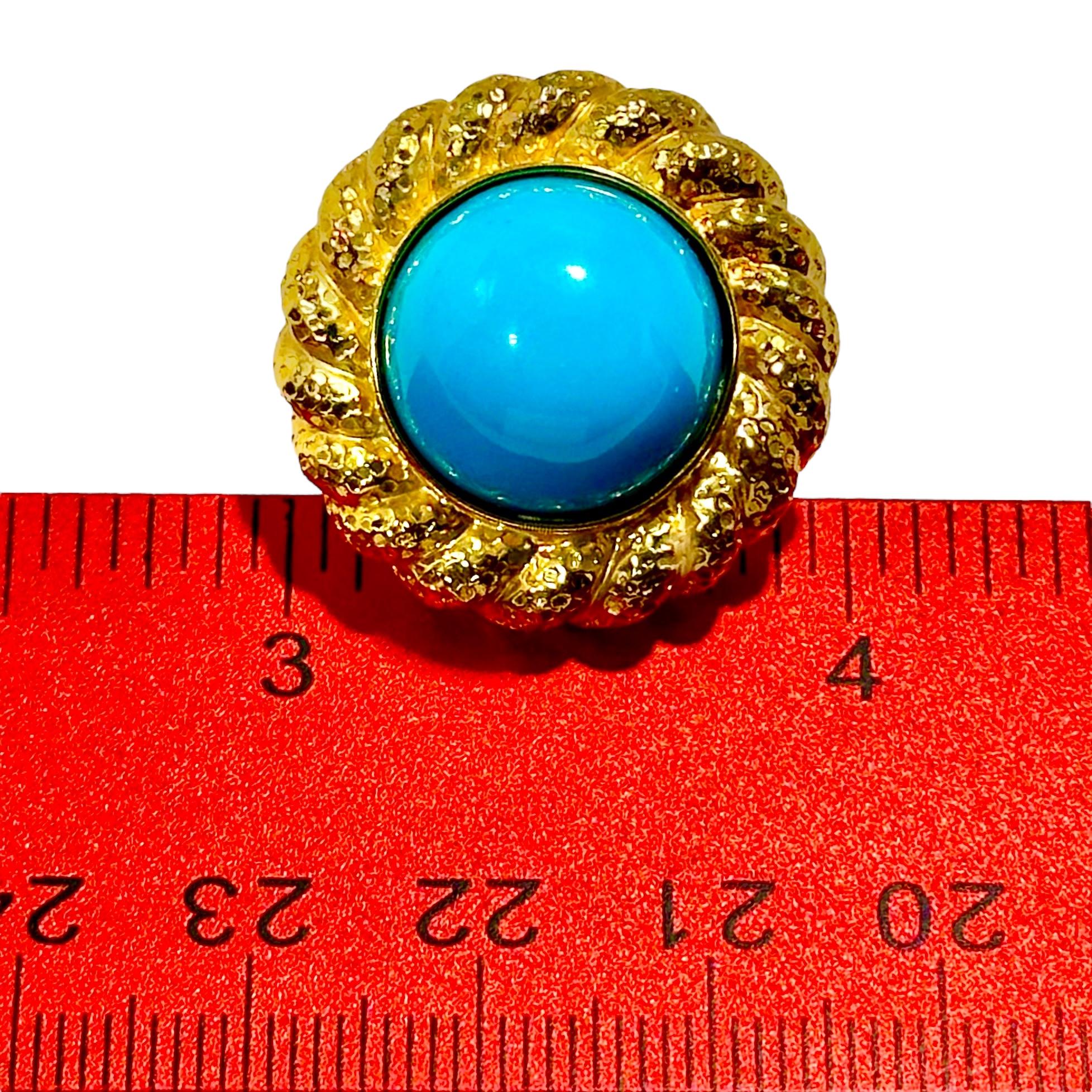 18K Yellow Gold Hammered Rope Edge Earrings with Cabochon Turquoise* Centers 3