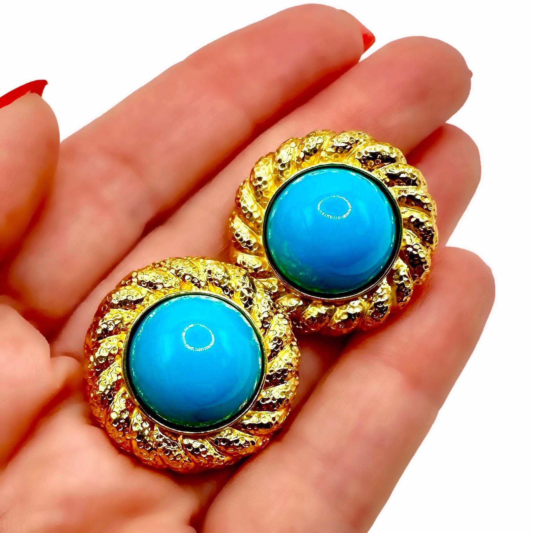 18K Yellow Gold Hammered Rope Edge Earrings with Cabochon Turquoise* Centers 4