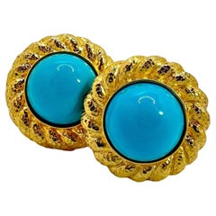 18K Yellow Gold Hammered Rope Edge Earrings with Cabochon Turquoise* Centers