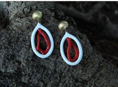 18K Yellow Gold Hand-Carved Coral Corian Drop Earrings