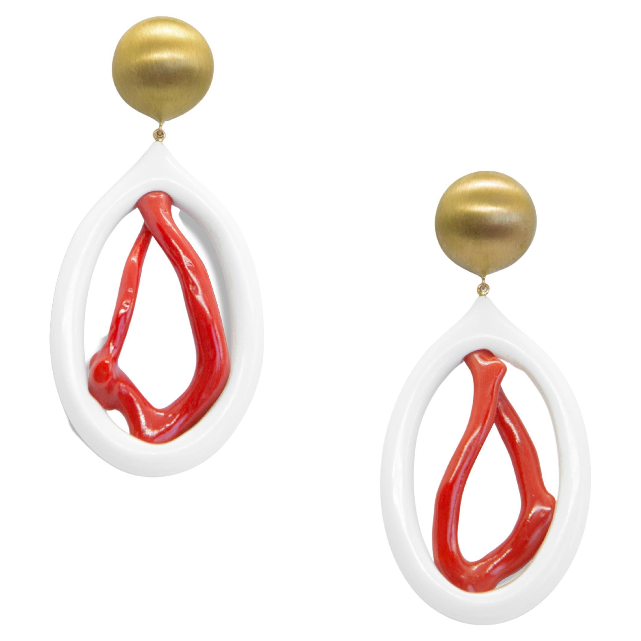 18K Yellow Gold Hand-Carved Coral Corian Drop Earrings For Sale