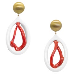 Used 18K Yellow Gold Hand-Carved Coral Corian Drop Earrings