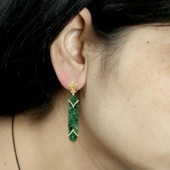 18K Yellow Gold Hand-Carved Jade and Diamond Shield Drop Earrings