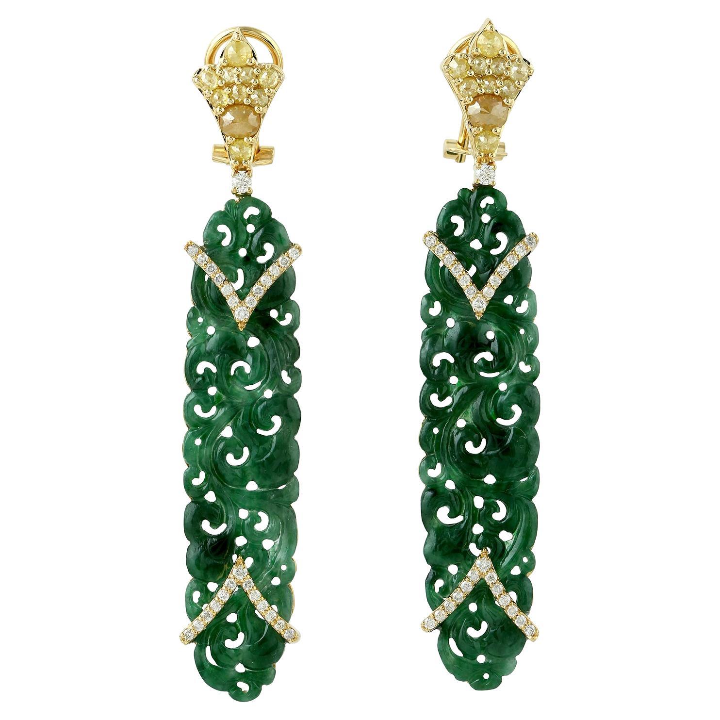 18K Yellow Gold Hand-Carved Jade and Diamond Shield Drop Earrings For Sale