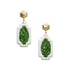 18K Yellow Gold Hand-Carved Jadeite Jade Corian Drop Earrings