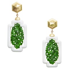 Used 18K Yellow Gold Hand-Carved Jadeite Jade Corian Drop Earrings