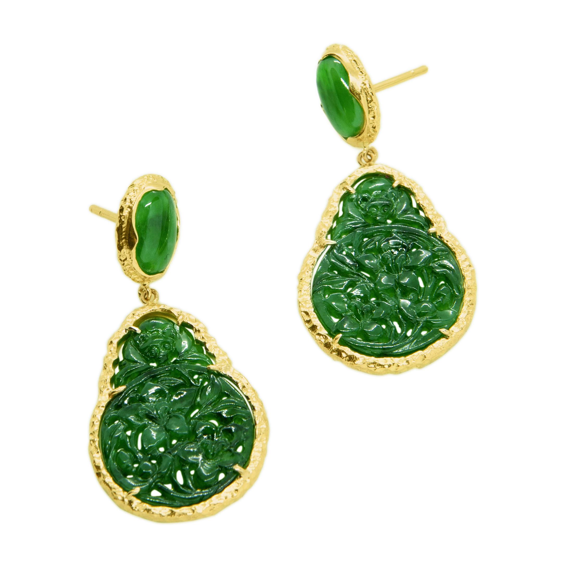 Cabochon Contemporary Designer 18K Yellow Gold Hand-Carved Jadeite Jade Earrings For Sale