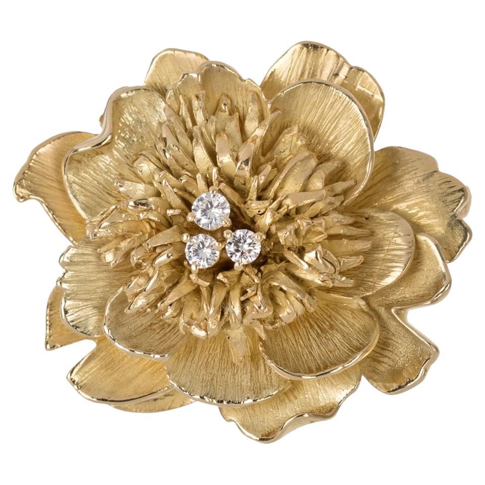 18k Yellow Gold Hand Crafted Peony Flower Brooch with Diamonds, by Gloria Bass For Sale