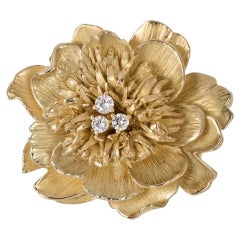18k Yellow Gold Hand Crafted Peony Flower Brooch with Diamonds, by Gloria Bass