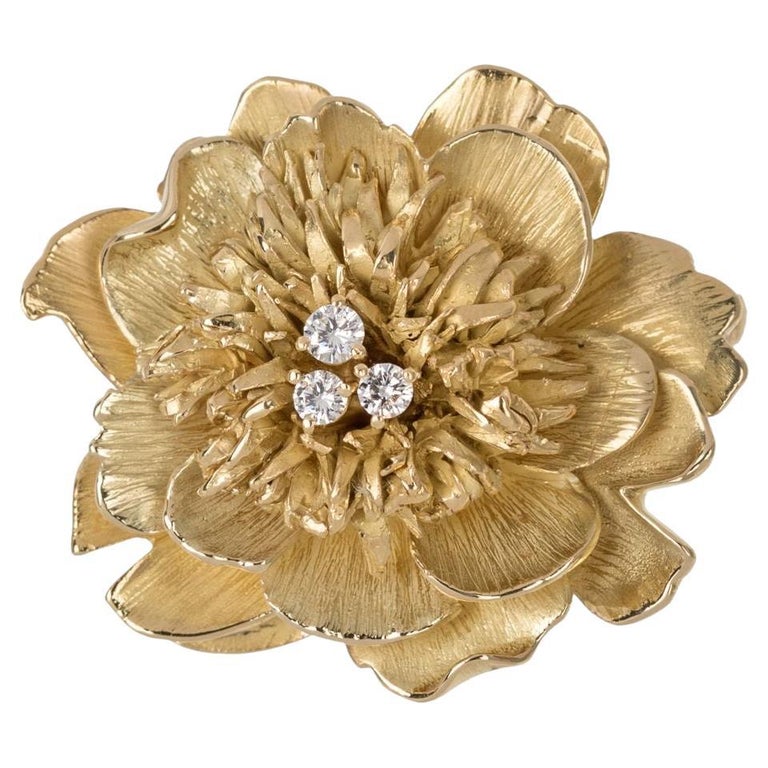 18k Yellow Gold Hand Crafted Peony Flower Brooch with Diamonds, by ...
