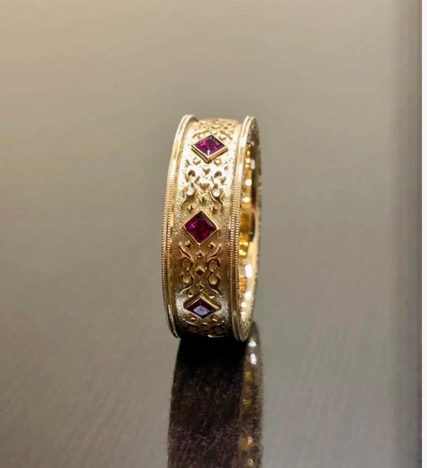 18K Yellow Gold Hand Engraved Eternity Princess Cut Ruby Men's Wedding Ring For Sale 4
