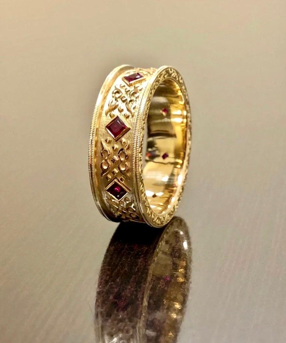18K Yellow Gold Hand Engraved Eternity Princess Cut Ruby Men's Wedding Ring For Sale 7