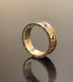 18K Yellow Gold Hand Engraved Eternity Princess Cut Ruby Men's Wedding Ring