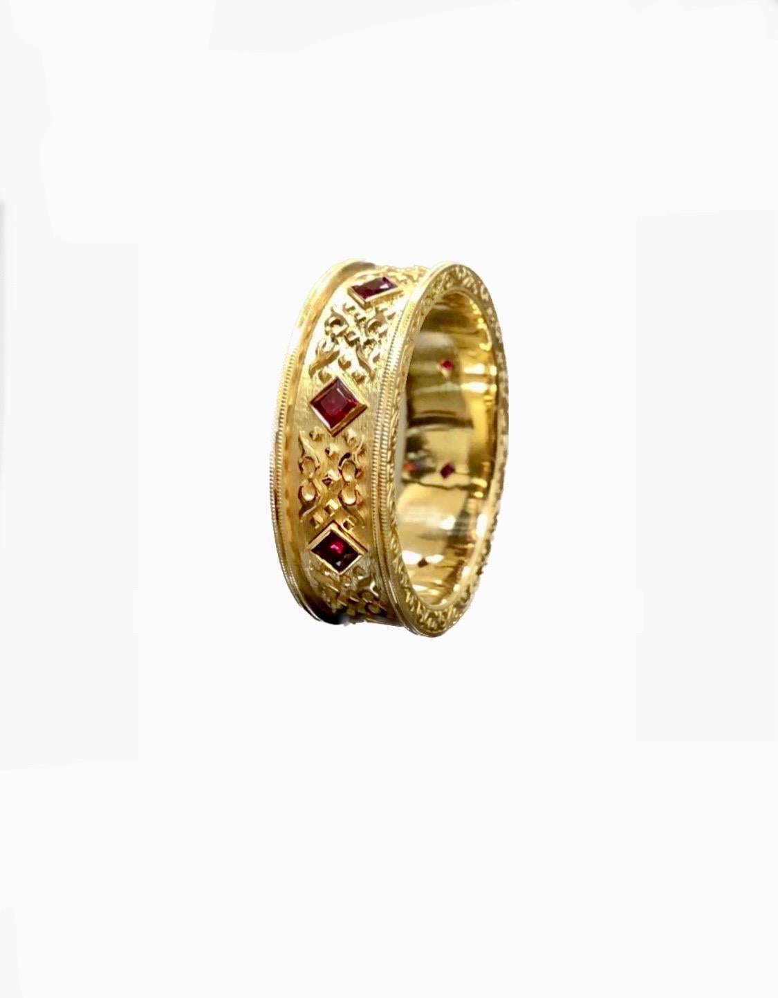 18K Yellow Gold Hand Engraved Eternity Princess Cut Ruby Men's Wedding Ring In New Condition For Sale In Los Angeles, CA