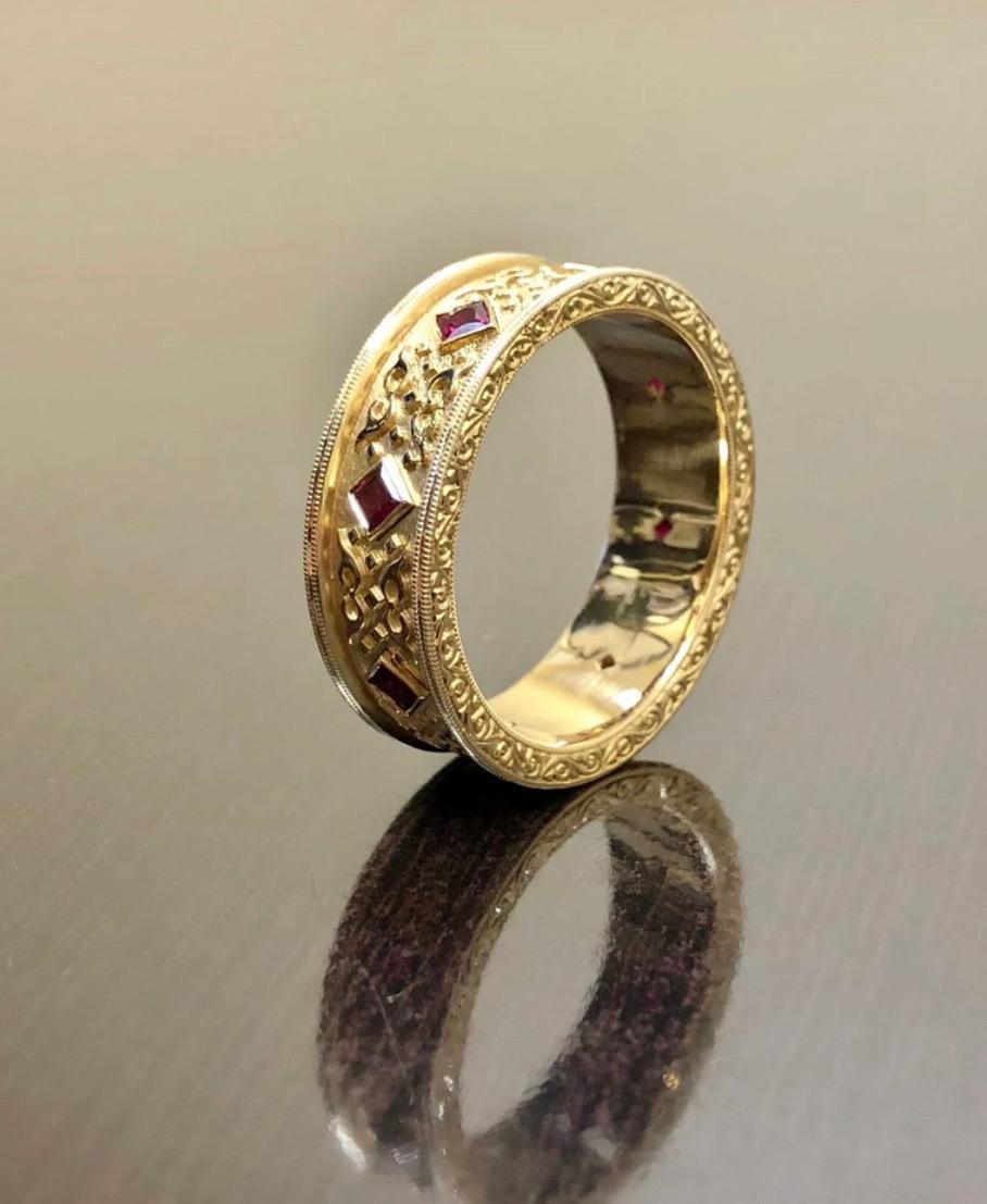 Art Deco 18K Yellow Gold Hand Engraved Eternity Princess Cut Ruby Men's Wedding Ring For Sale