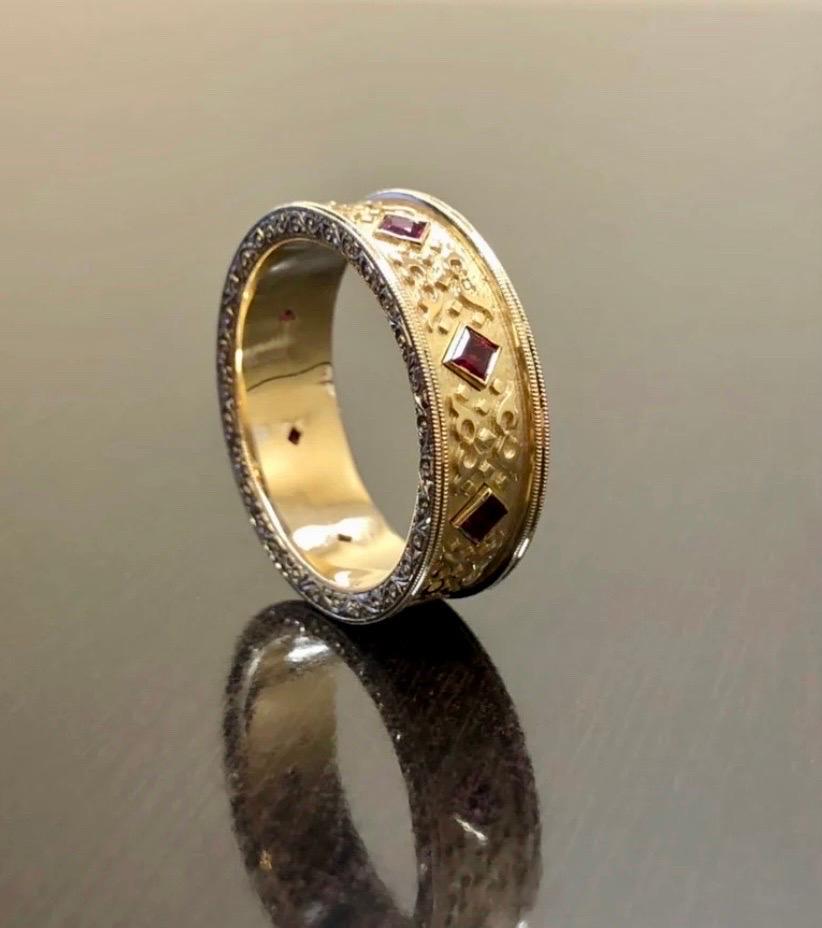 18K Yellow Gold Hand Engraved Eternity Princess Cut Ruby Men's Wedding Ring In New Condition For Sale In Los Angeles, CA